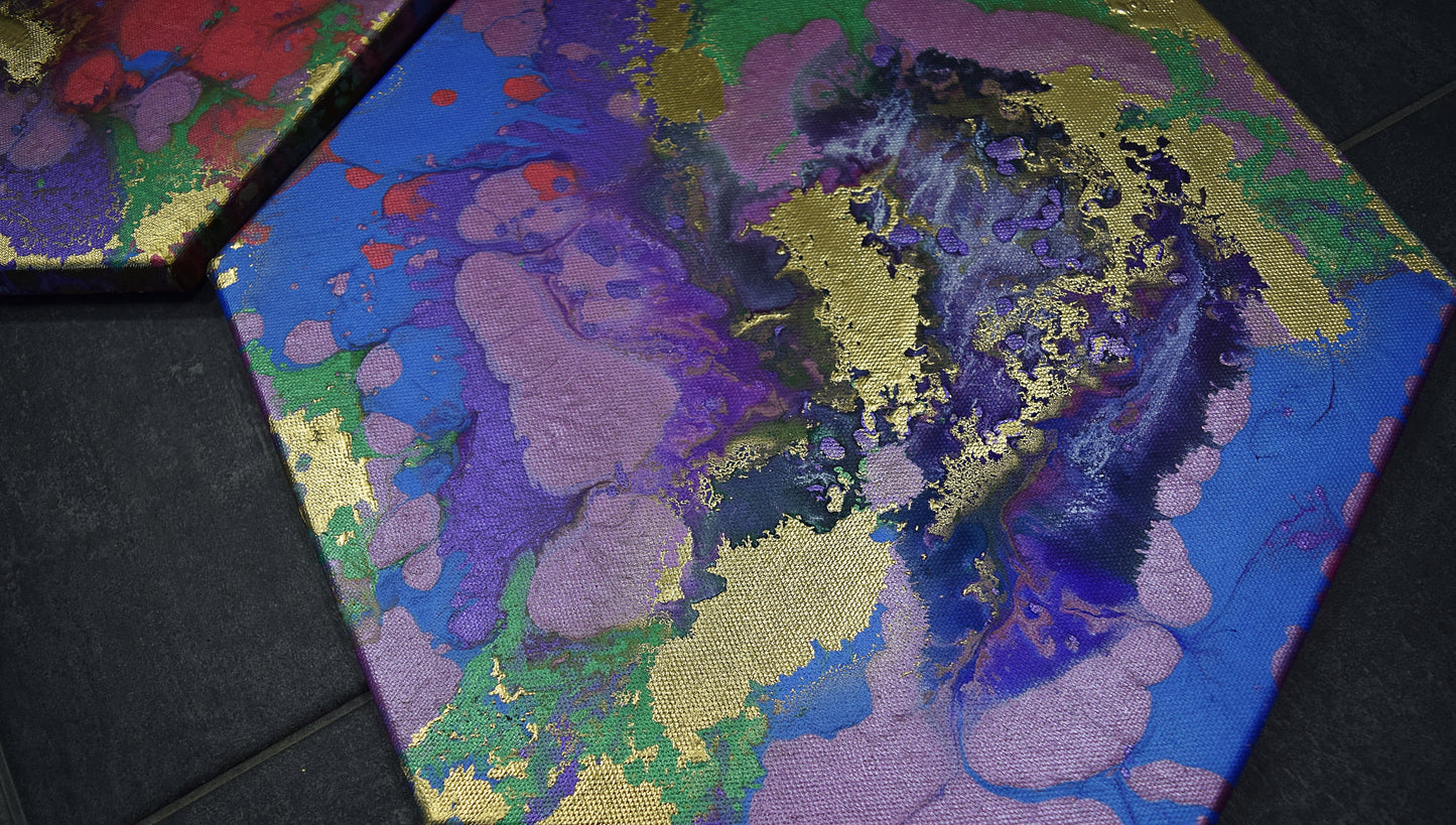 Leinwand Wandbild Acryl Arcylpouring Aryclleinwand mit Gold Highlights "six-colored"