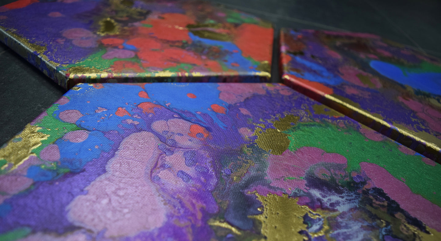 Leinwand Wandbild Acryl Arcylpouring Aryclleinwand mit Gold Highlights "six-colored"