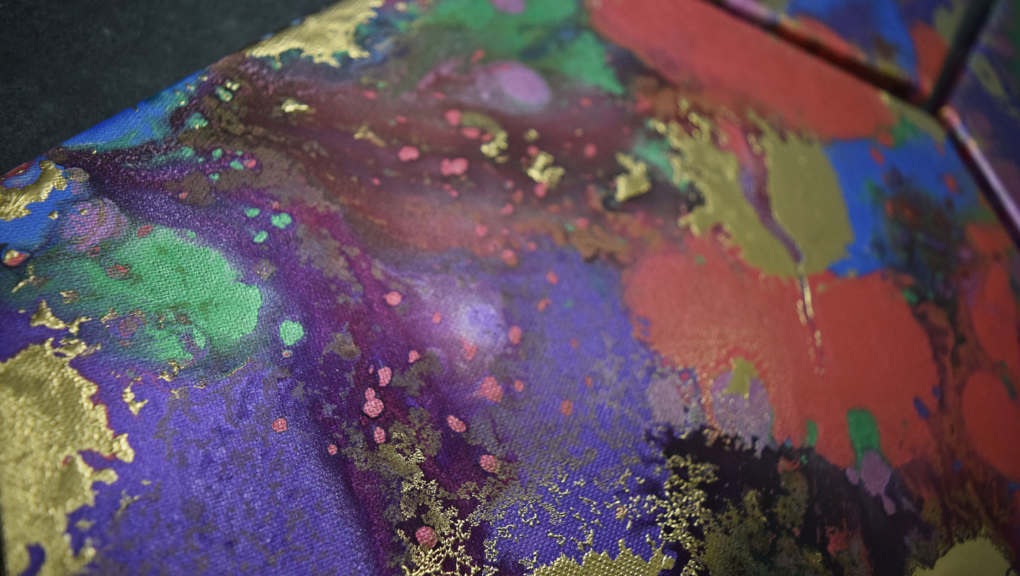 Leinwand Wandbild Acryl Arcylpouring Aryclleinwand mit Gold Highlights "six-colored"