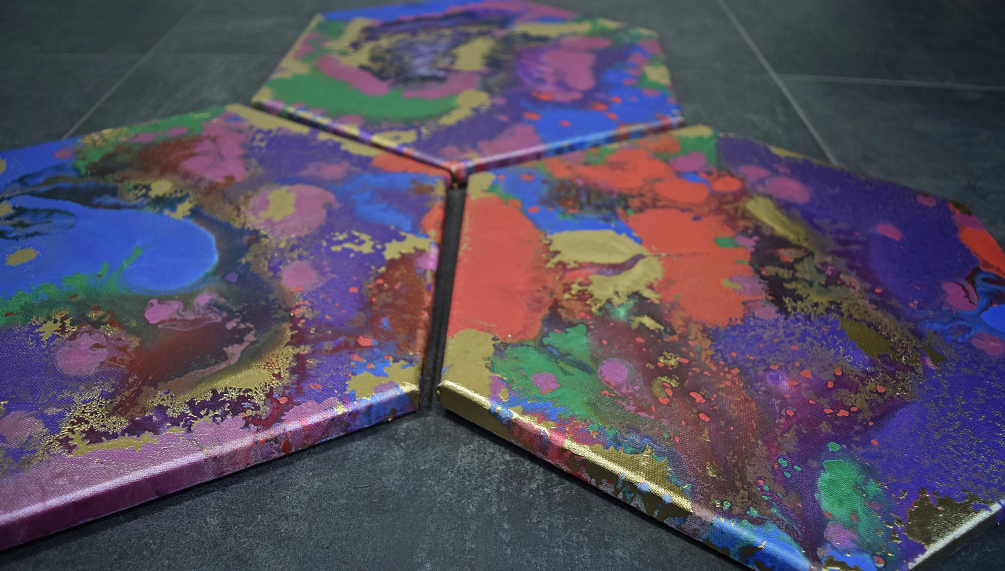 Leinwand Wandbild Acryl Arcylpouring Aryclleinwand mit Gold Highlights "six-colored"