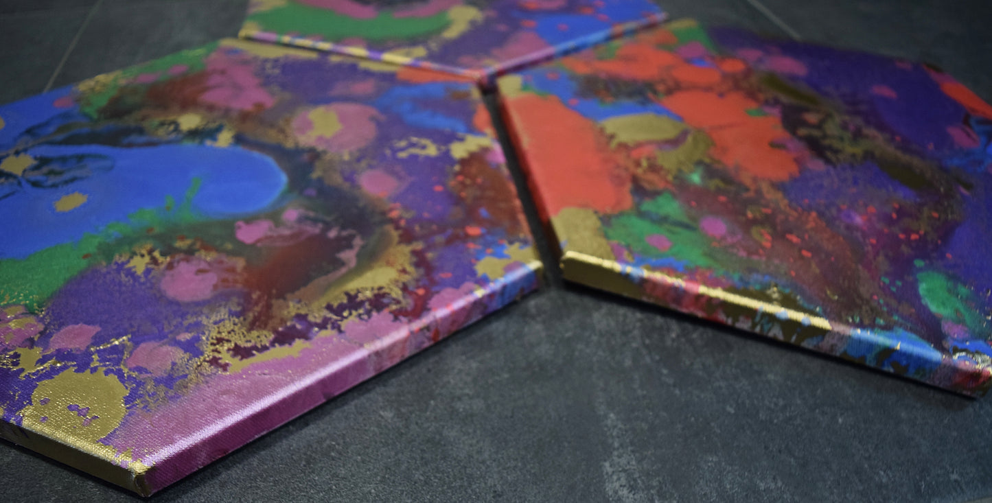 Leinwand Wandbild Acryl Arcylpouring Aryclleinwand mit Gold Highlights "six-colored"