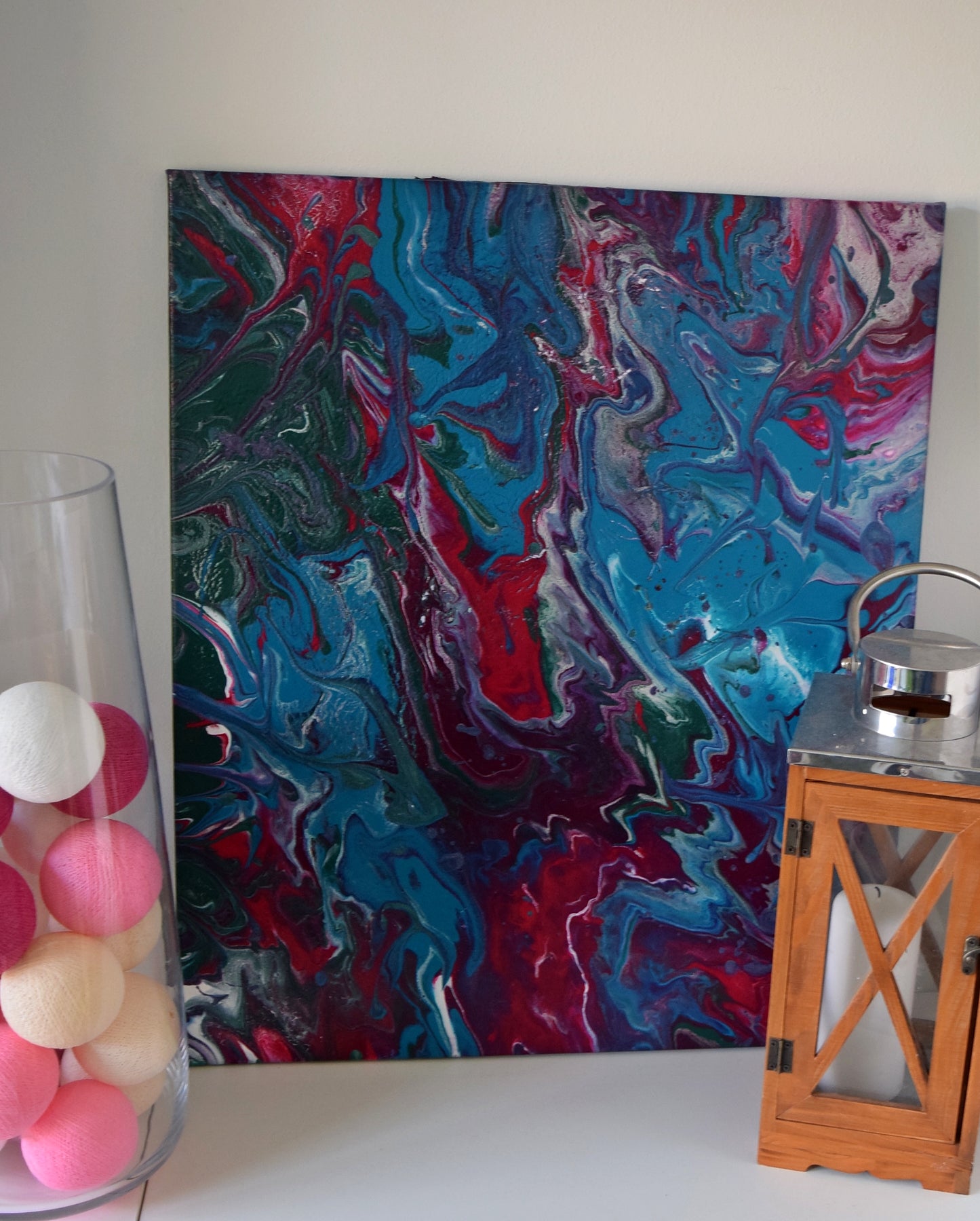 Leinwand Wandbild Acryl Arcylpouring Aryclleinwand "Blue Flower, Red Thorns"