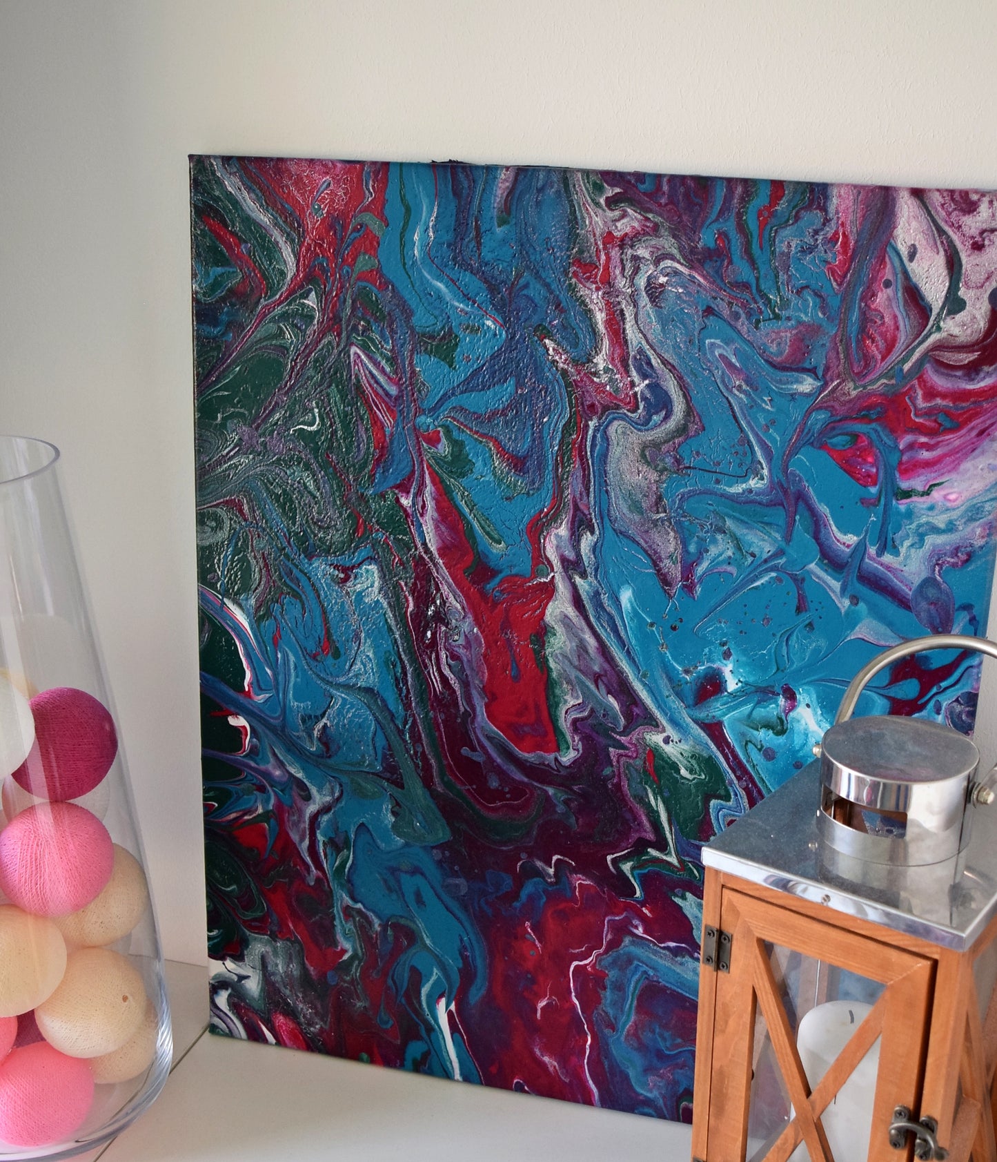 Leinwand Wandbild Acryl Arcylpouring Aryclleinwand "Blue Flower, Red Thorns"
