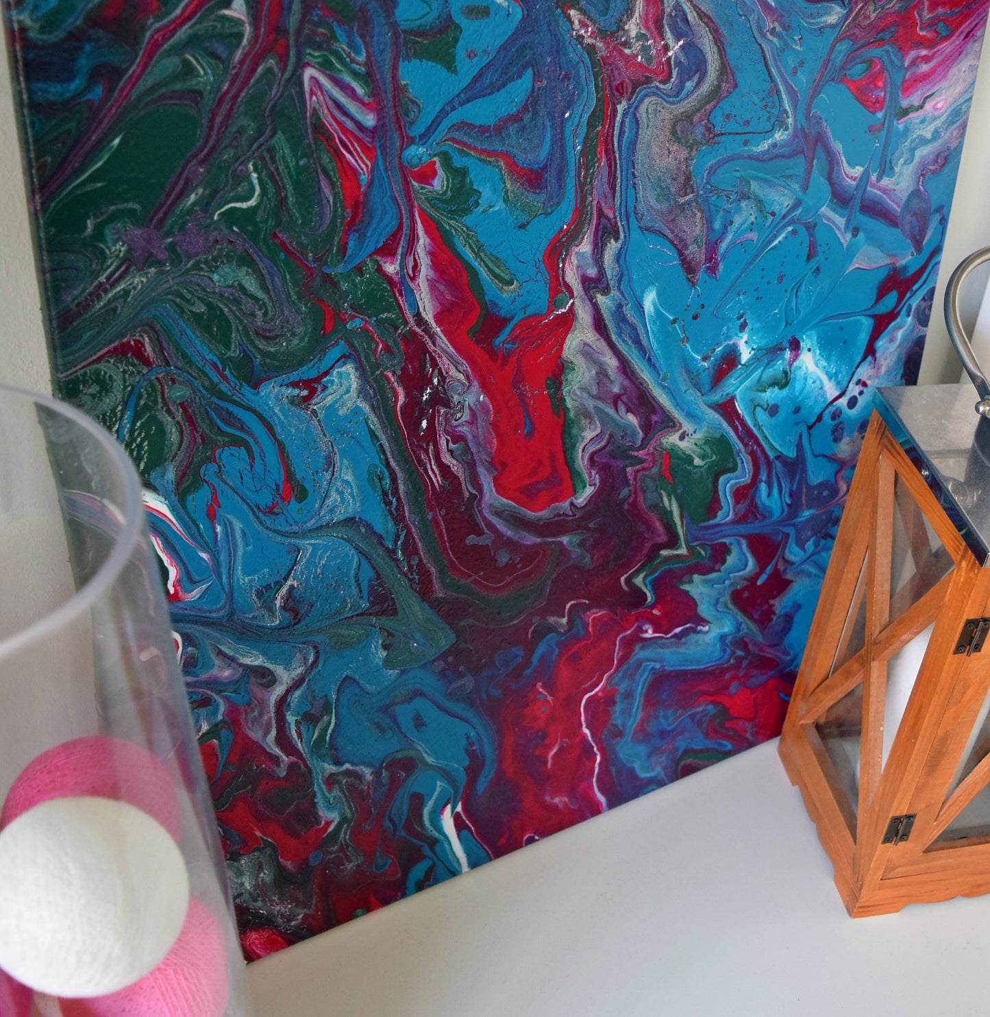 Leinwand Wandbild Acryl Arcylpouring Aryclleinwand "Blue Flower, Red Thorns"