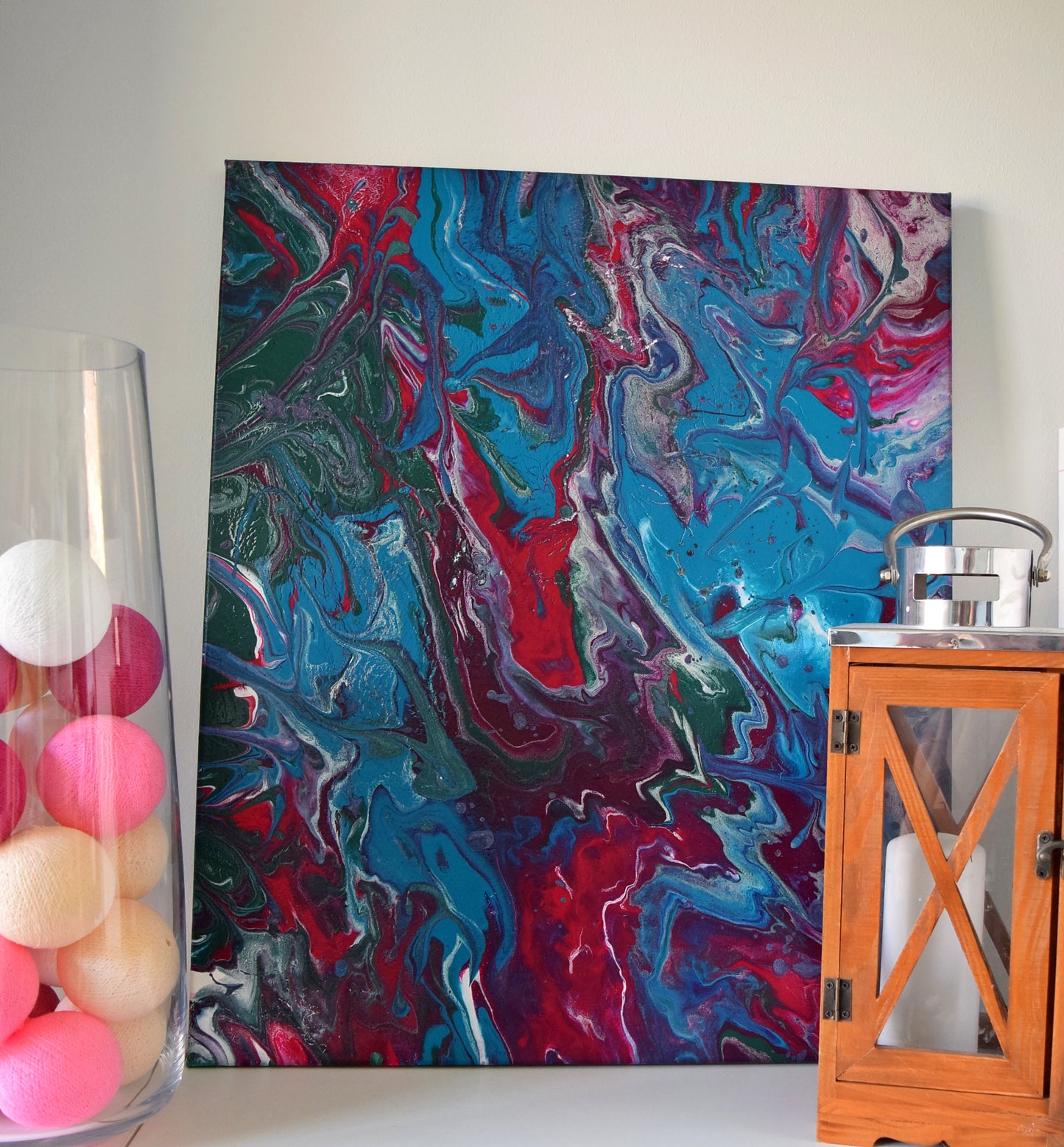 Leinwand Wandbild Acryl Arcylpouring Aryclleinwand "Blue Flower, Red Thorns"
