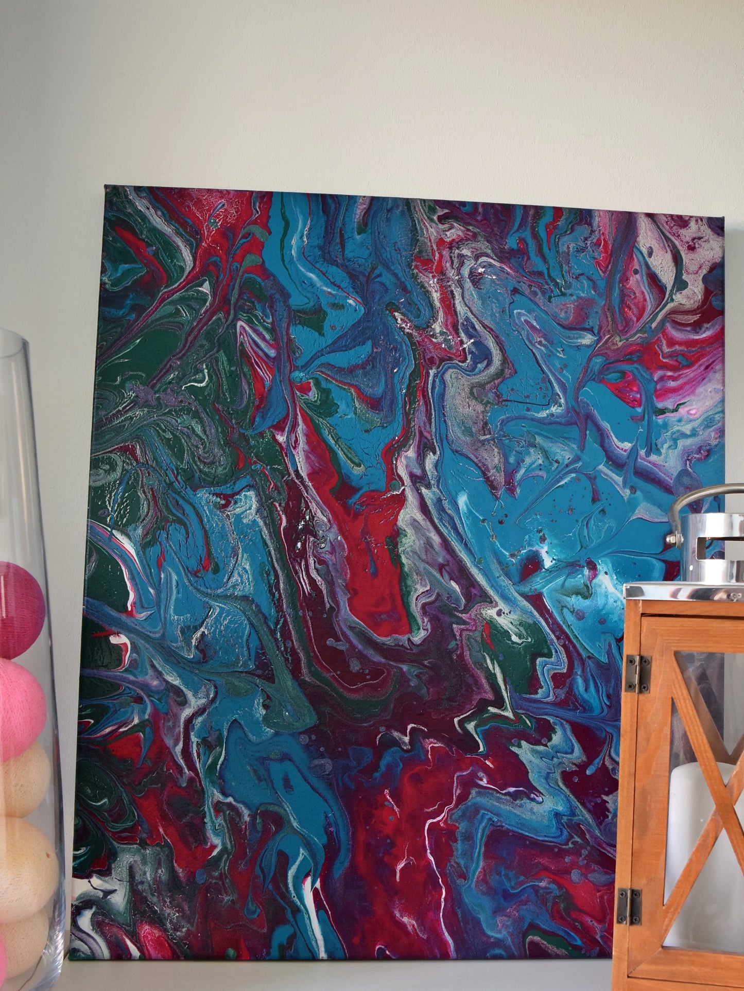 Leinwand Wandbild Acryl Arcylpouring Aryclleinwand "Blue Flower, Red Thorns"